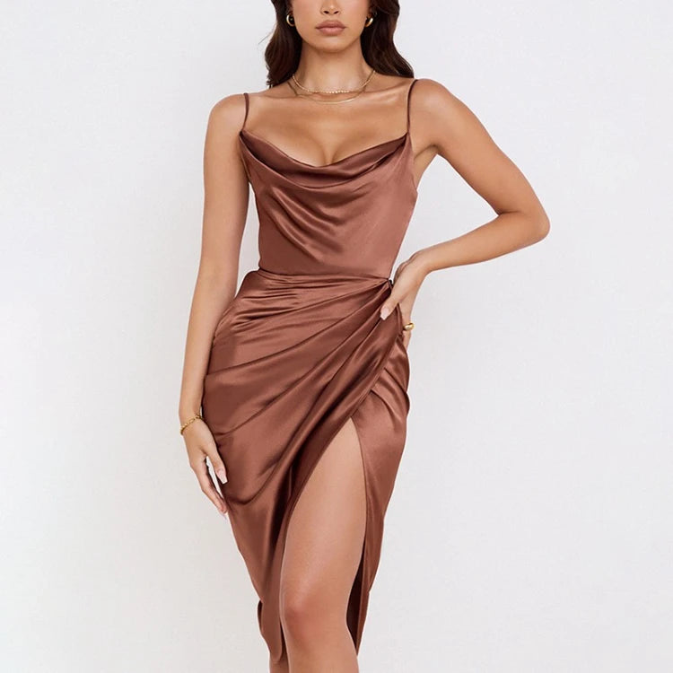 Elegant Satin Halter Dress Ruched High Slit Midi