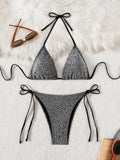 Silver Leopard Print Halter Bandage Two Piece Bikini Swimsuit