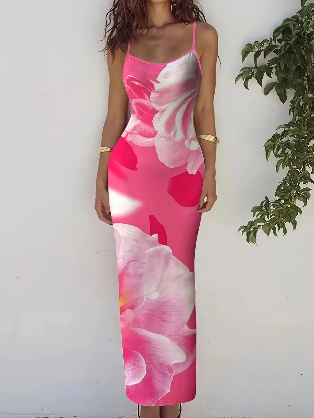 Floral Print Floor Length Dress With Low Cut Neckline Elegant Sling