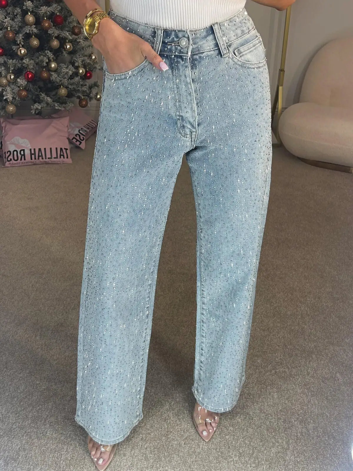 Vintage Beaded Denim Pants With High Waist And Straight Leg