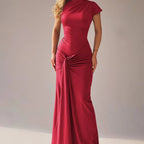 Vintage Short Sleeve Pleated Maxi  High Waist O-Neck Dress