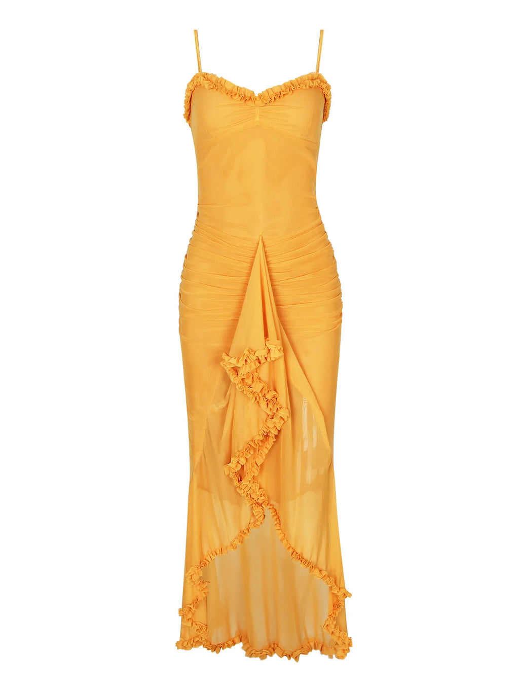 Silky Ruffle Sling Dress With Pleated Collar