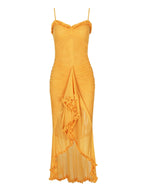 Silky Ruffle Sling Dress With Pleated Collar