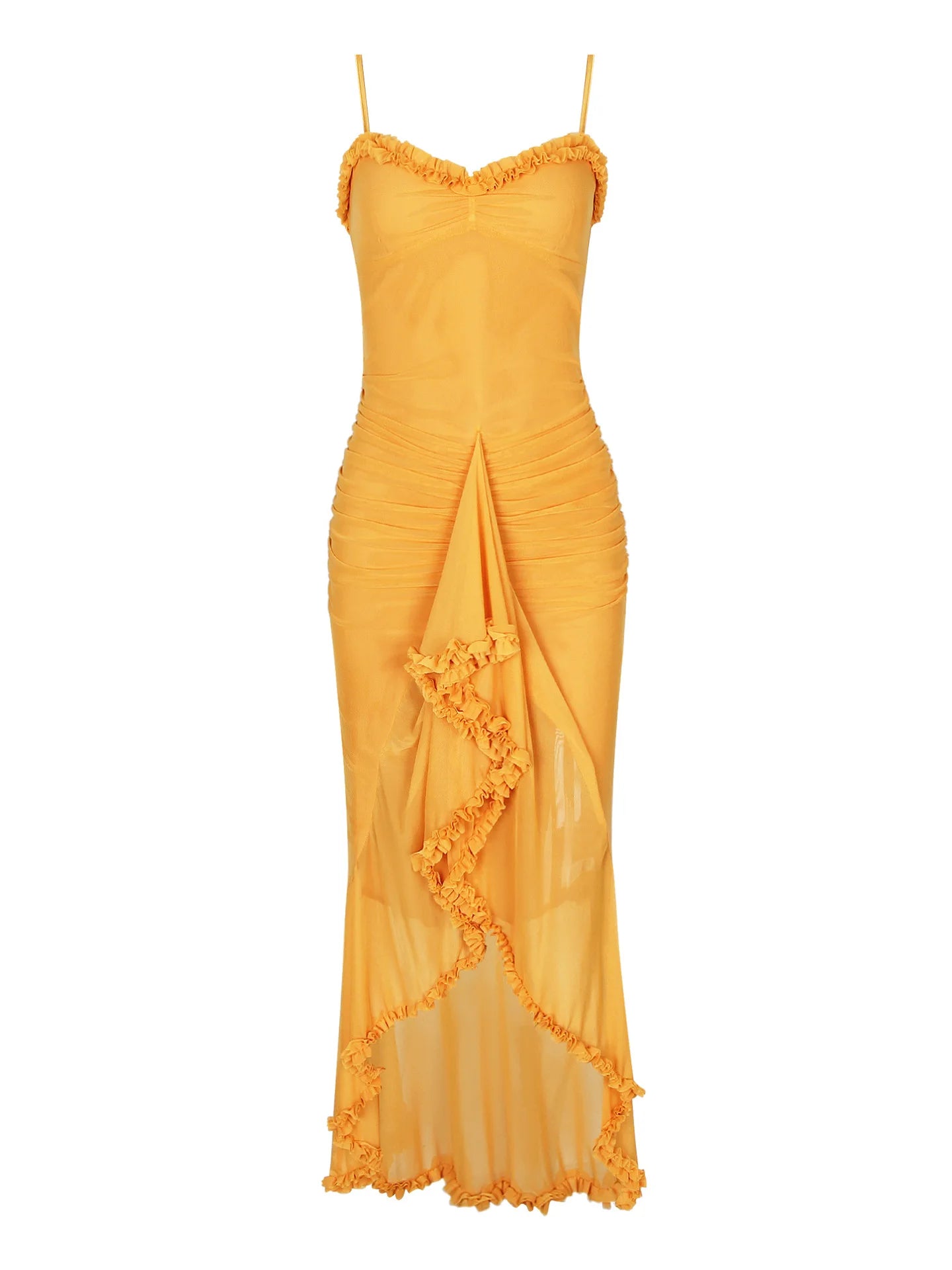 Silky Ruffle Sling Dress With Pleated Collar