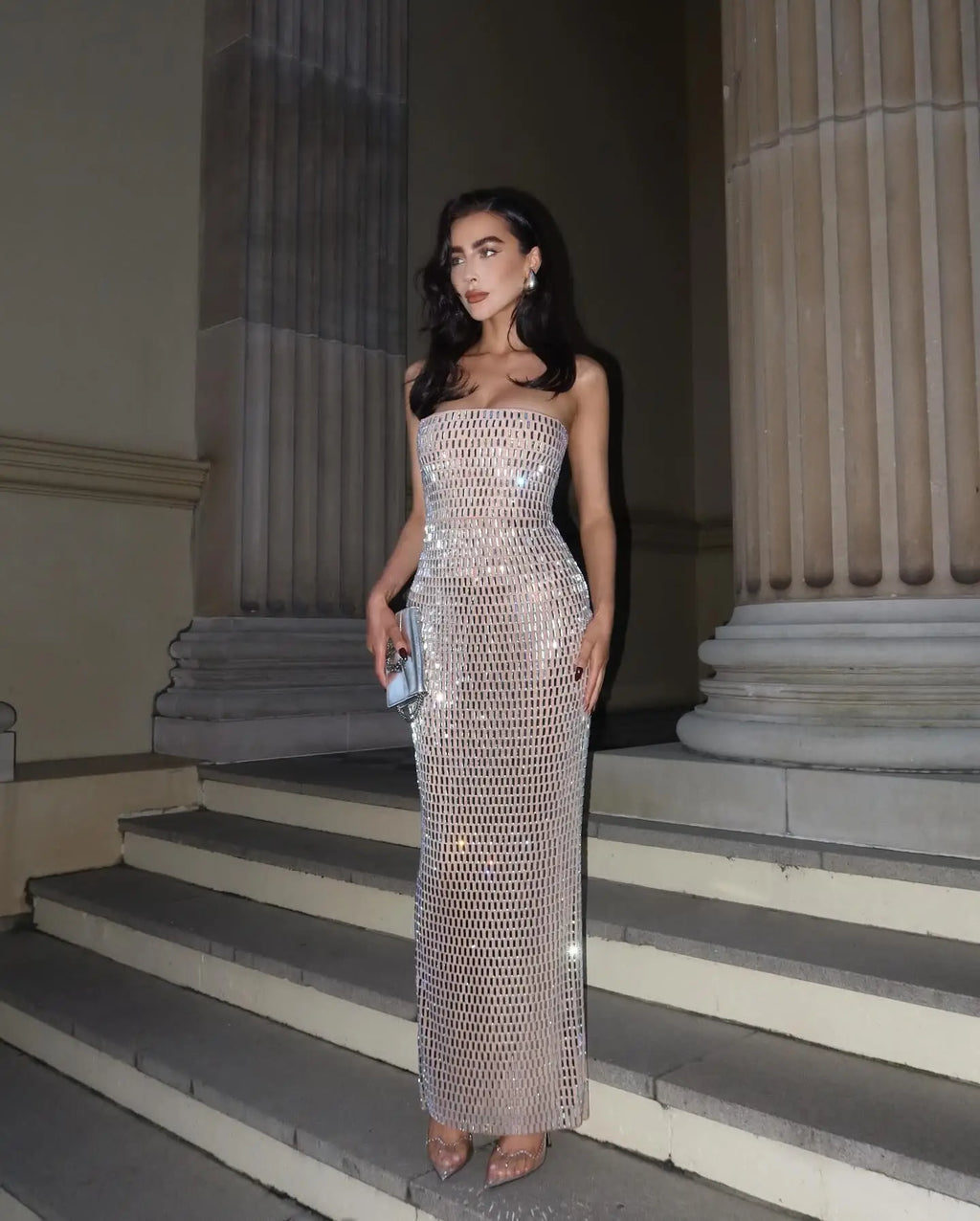 Diamond Beaded Strapless Maxi Dress