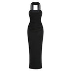 Strapless Ruched Maxi Evening Dress with Mesh Ribbon