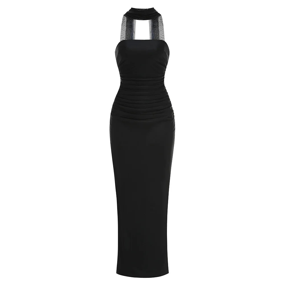 Strapless Ruched Maxi Evening Dress with Mesh Ribbon