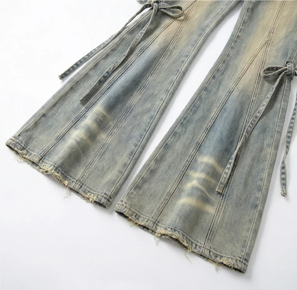 Vintage Denim Layered Skirt-Pants For Women Effortless Wide-Leg Jeans With Hip Hop Vibe