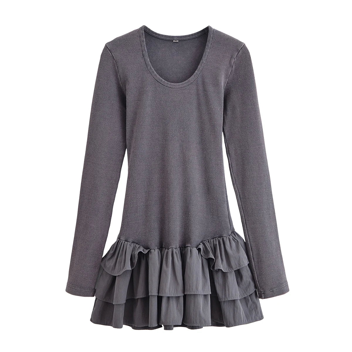 Washed Effect Layered Long Sleeve Dress With Decorative Details