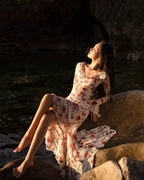Floral Print Maxi Dress With V Neck And Split Hem Long Sleeve Beach Party Evening Wear