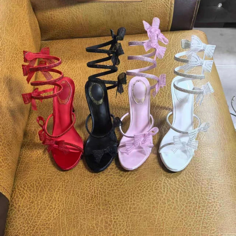 Ankle Snake Wrap Sandals With Floral Detail