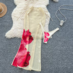 Retro Set For Women Featuring A V-Neck Tube Top And High Waist Printed Bottom