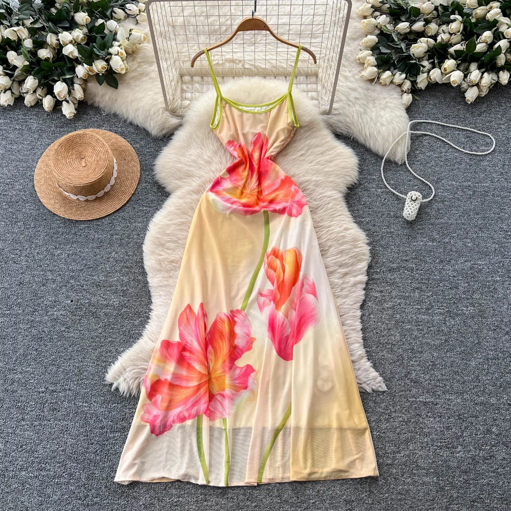 Dreamy Backless Printed Empire Mesh Maxi Dress