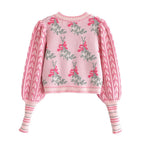 Front Wood Ears Ruffles Jacquard Cropped Sweater Vintage O neck Puff Sleeve Pullovers Short Jumper Knitwear