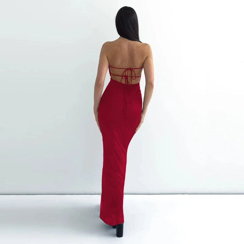 Backless Floral Bustier Maxi Dress With Lace Up Back And Cinched Waist