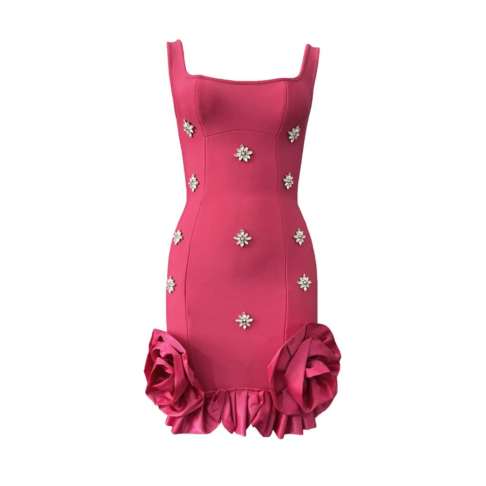 Glamorous Sleeveless Bandage Dress With Rhinestones And Ruffles For Evening Parties