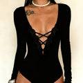 Black Lace Trim Deep V Bodysuit With Hollow Cross Detailing Long Sleeve