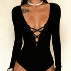 Black Lace Trim Deep V Bodysuit With Hollow Cross Detailing Long Sleeve