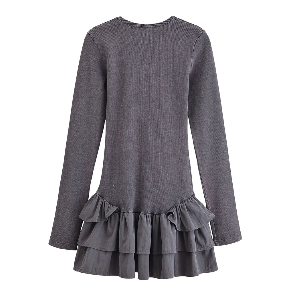 Washed Effect Layered Long Sleeve Dress With Decorative Details