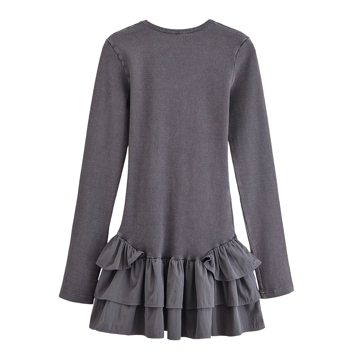 Washed Effect Layered Long Sleeve Dress With Decorative Details