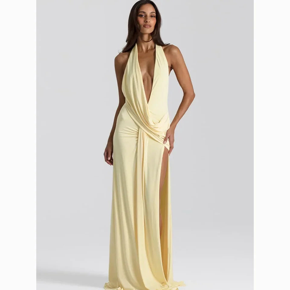 Women's Halter V-Neck Backless Maxi Party Dress