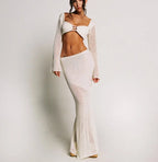 Hooded Knit Set With Crochet Skirt Casual Vintage Chic Two Piece