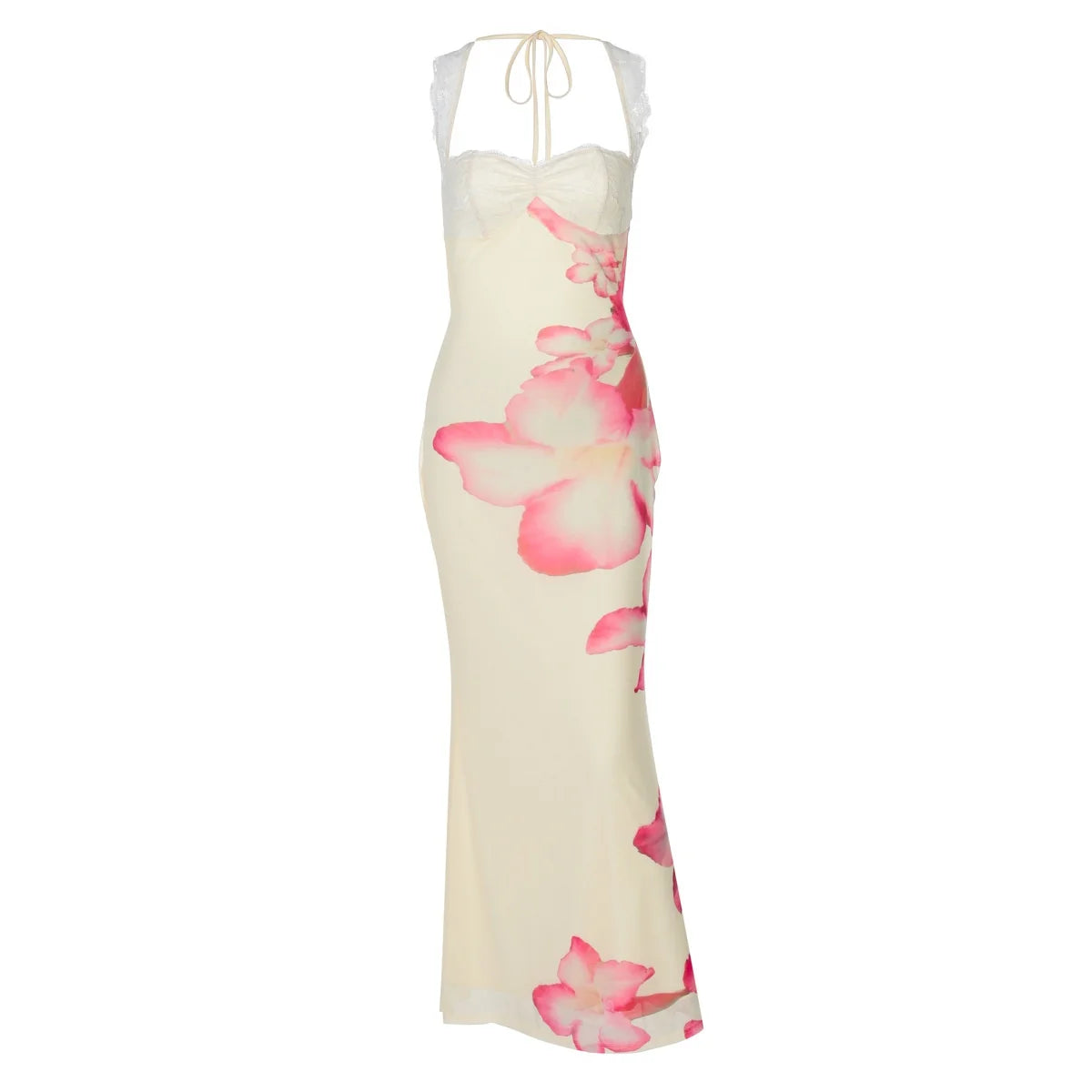 Romantic Lace Backless Maxi Dress With Floral Mesh