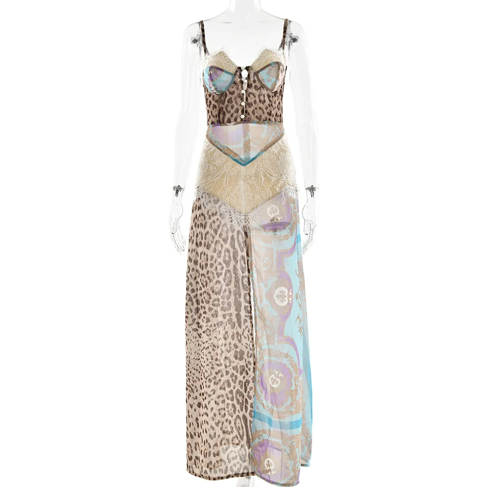 Leopard Print Chiffon Mesh Dress Off Shoulder See Through With High Waist Slit