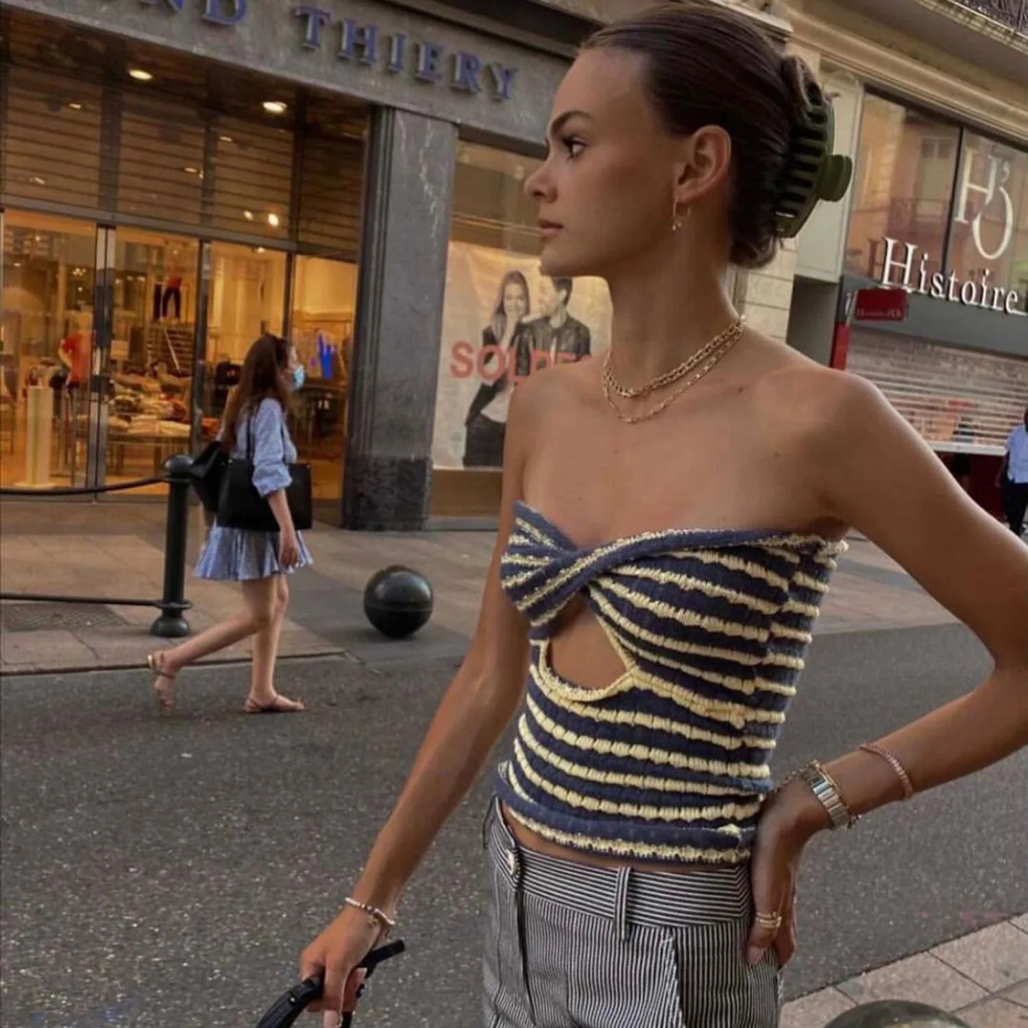 Off Shoulder Knit Tube Top With Stripe Backless Bustier Cropped