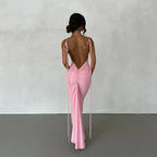 Backless Ruched Bodycon Pink V-Neck Strap Maxi Dress