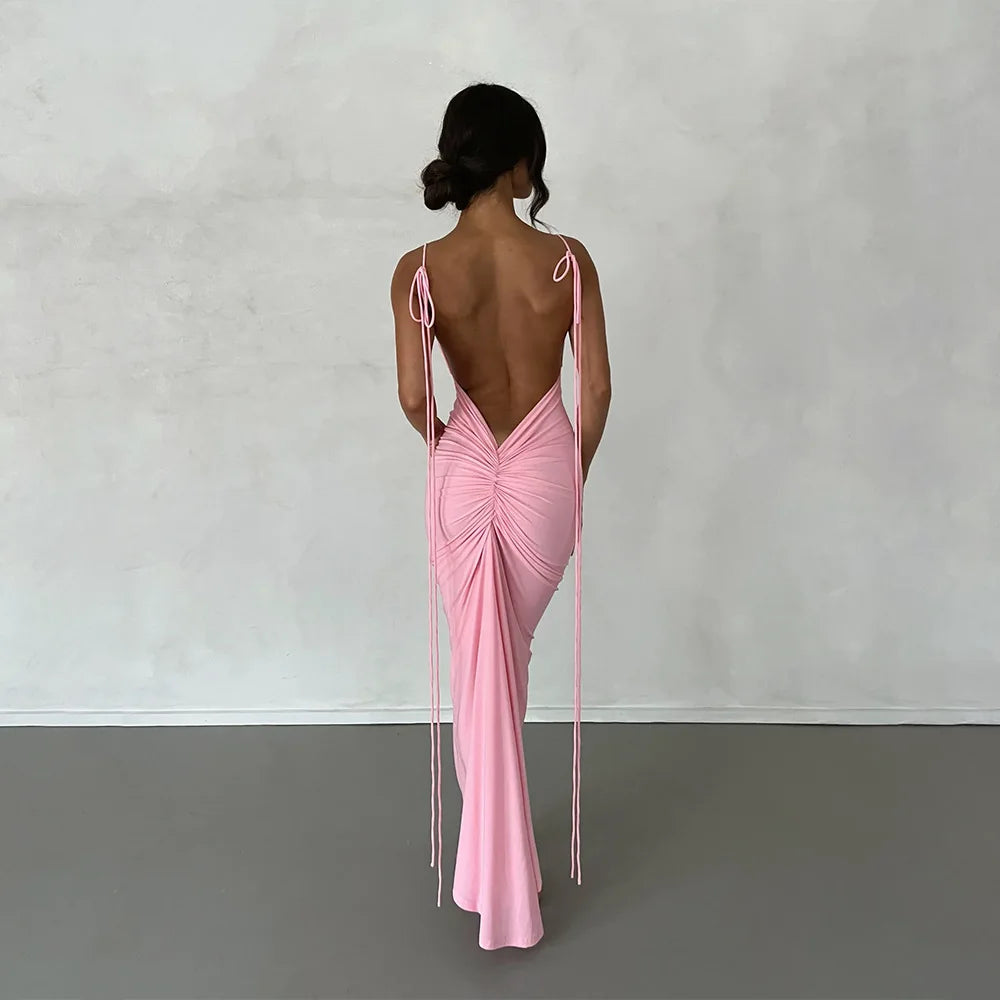 Backless Ruched Bodycon Pink V-Neck Strap Maxi Dress