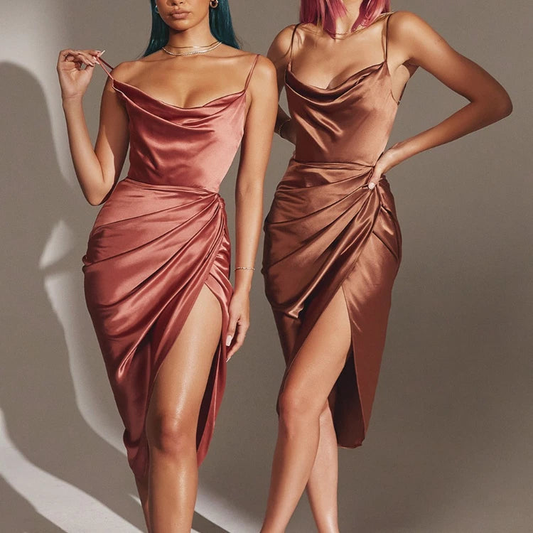 Elegant Satin Halter Dress Ruched High Slit Midi