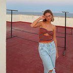 Off Shoulder Knit Tube Top With Stripe Backless Bustier Cropped
