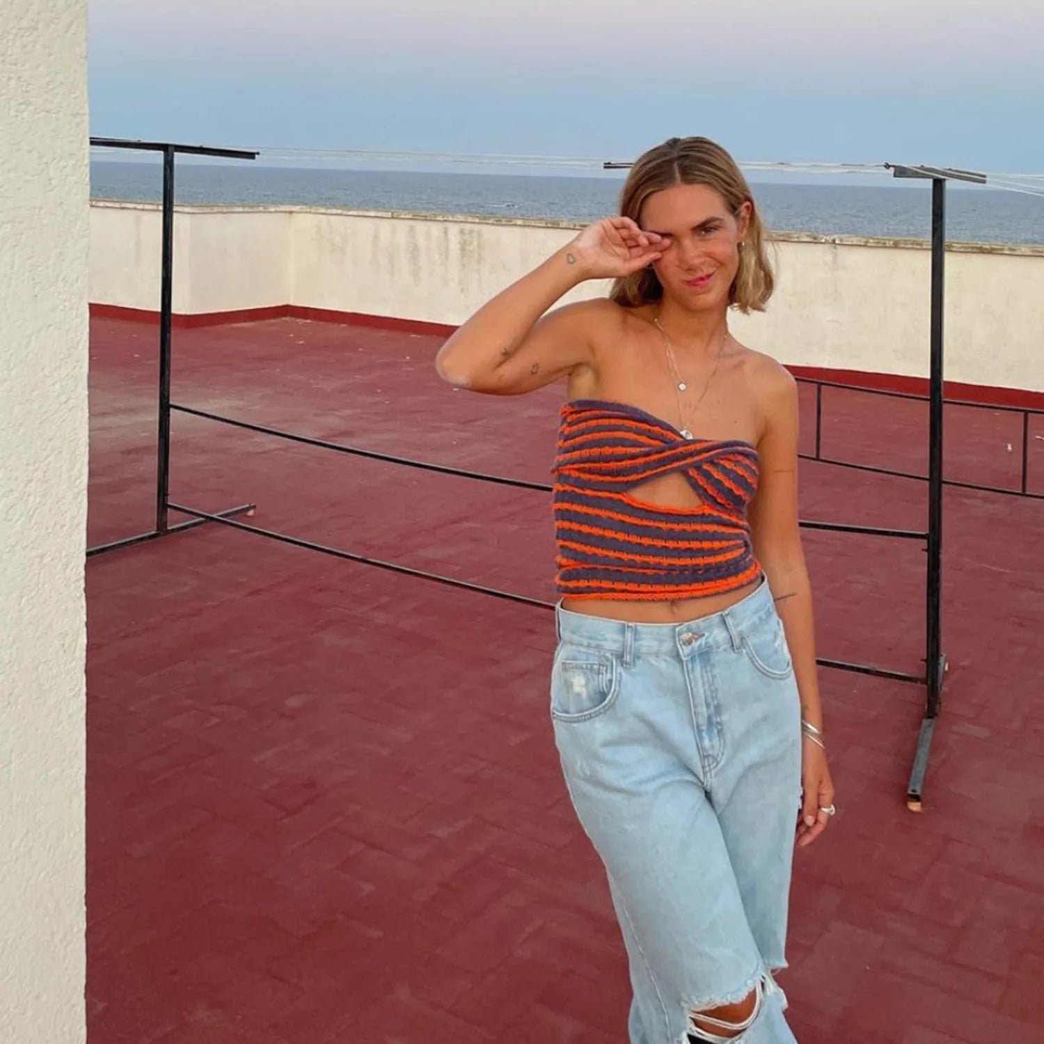 Off Shoulder Knit Tube Top With Stripe Backless Bustier Cropped