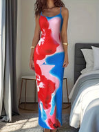 Floral Print Floor Length Dress With Low Cut Neckline Elegant Sling
