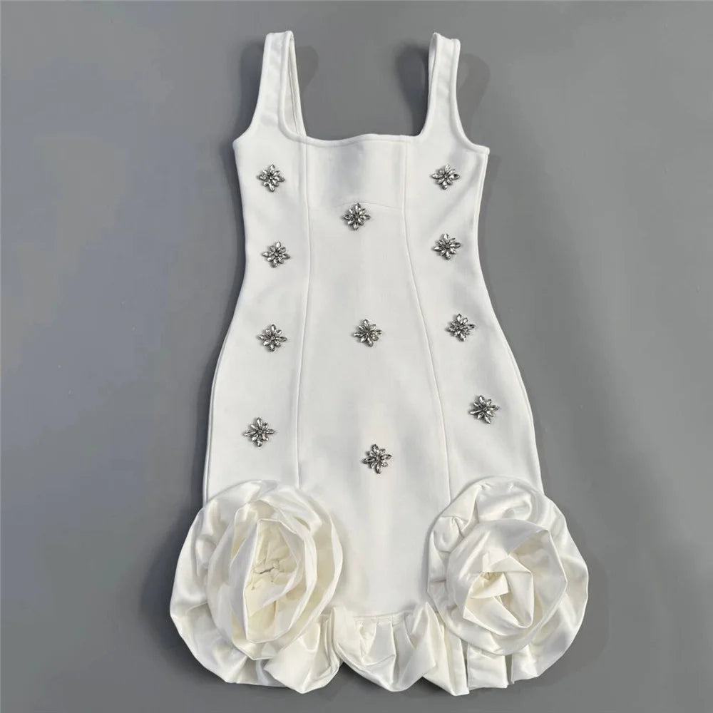 Glamorous Sleeveless Bandage Dress With Rhinestones And Ruffles For Evening Parties