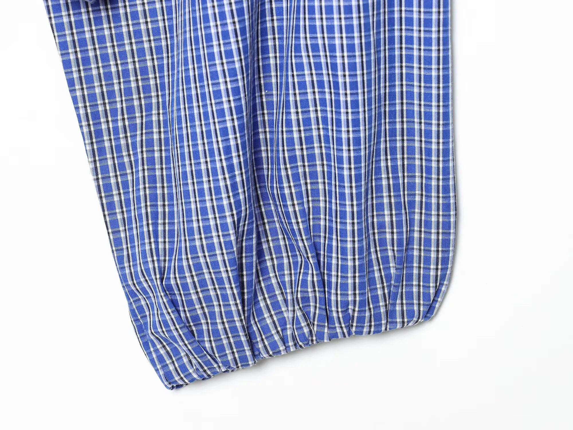 Plaid Puff Sleeve Long Sleeve Shirt With Stand Collar And Drawstring Hem