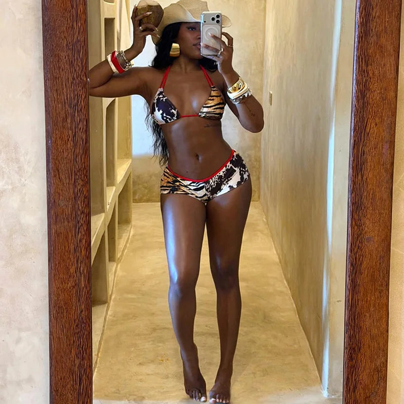 Leopard Print Bikini Set For Women Sexy Halter Top And Thong Bottom Breathable Spandex Beachwear