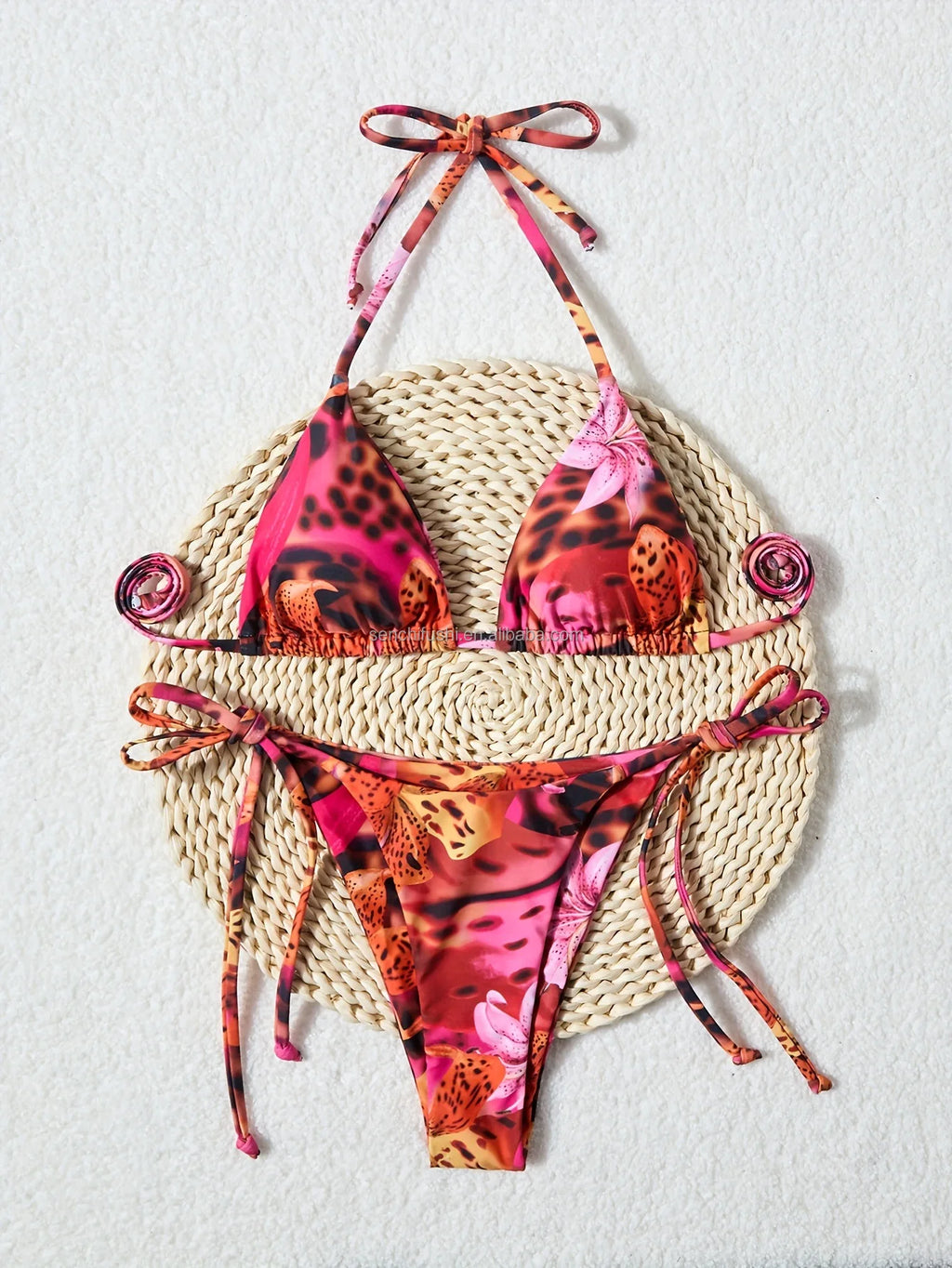 Playful Summer Neck Strap Two Piece Bikini Set With Graphic Print
