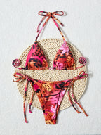 Playful Summer Neck Strap Two Piece Bikini Set With Graphic Print