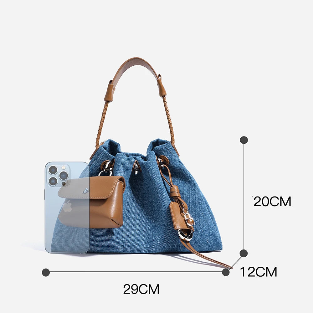 Boho Denim Patchwork Tote With Leather Trim And Versatile Drawstring Closure Bag