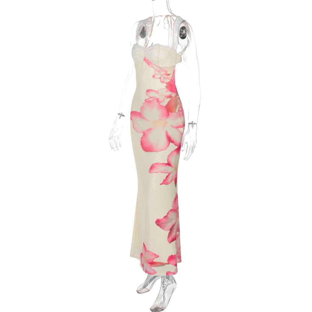 Romantic Lace Backless Maxi Dress With Floral Mesh