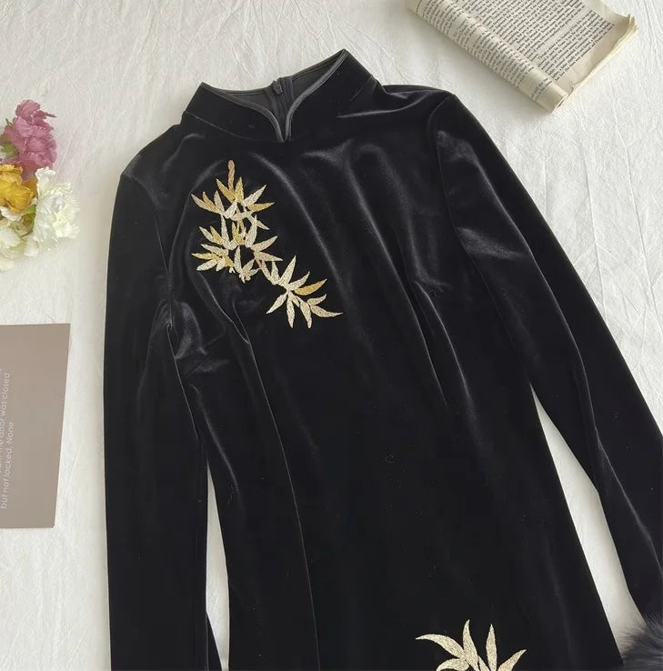 Velvet Cheongsam Dress With Embroidered Detailing And Fox Fur Trim In Gold Glow