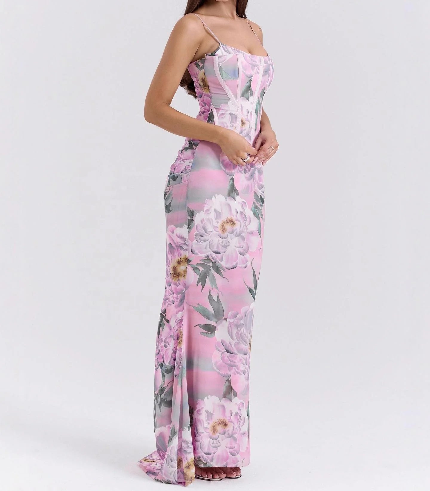 Dreamy Vintage Chiffon Sleeveless Floor Length Dress With Floral Print