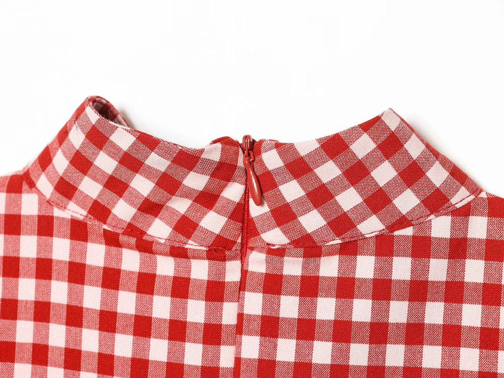 Plaid Sleeveless High-Neck Vest and Retro Mid-Waist Trousers Set in Breathable Anti-Wrinkle Fabric