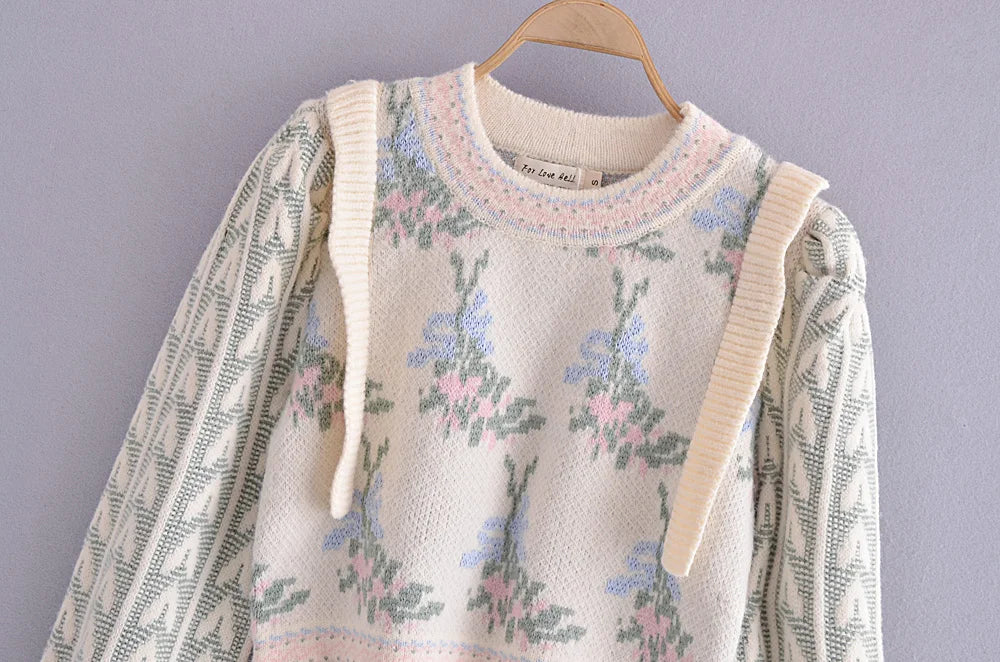 Front Wood Ears Ruffles Jacquard Cropped Sweater Vintage O neck Puff Sleeve Pullovers Short Jumper Knitwear