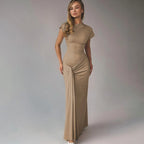 Vintage Short Sleeve Pleated Maxi  High Waist O-Neck Dress