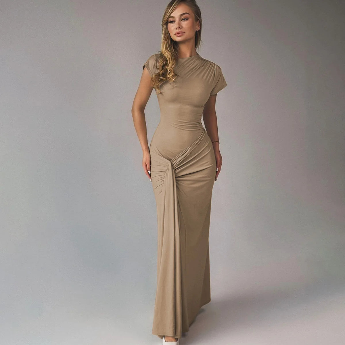 Vintage Short Sleeve Pleated Maxi  High Waist O-Neck Dress