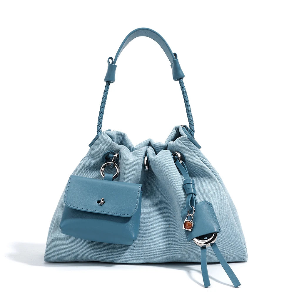 Boho Denim Patchwork Tote With Leather Trim And Versatile Drawstring Closure Bag