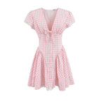 Princess Style Lace Mini Dress in Pink and White with Deep V Neck and Bow Cinched Waist